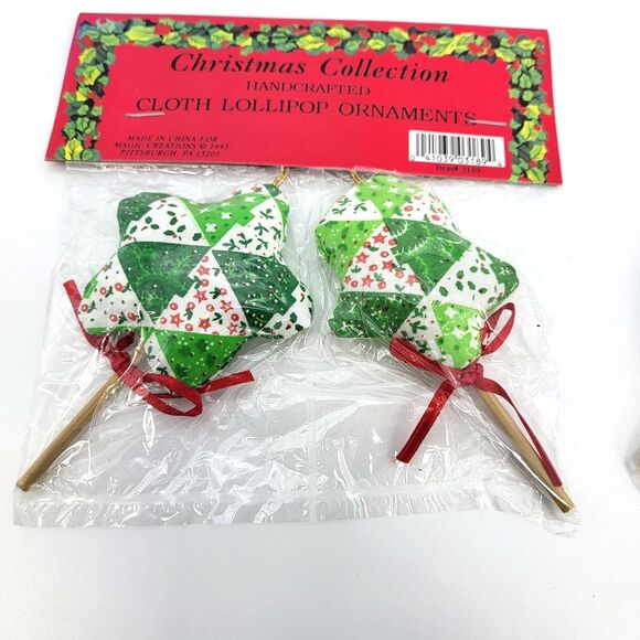 Vintage Fabric Plush Christmas Tree Ornaments Lollipop Style Patchwork Primitive - Picture 3 of 10